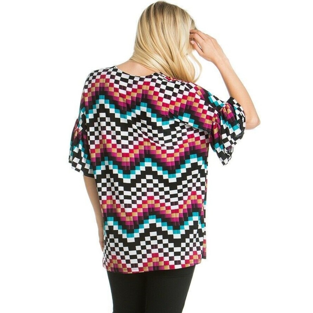 AZULES O'Neck Small Red Chevron Print Bell Sleave Popover Top - Picture 3 of 6